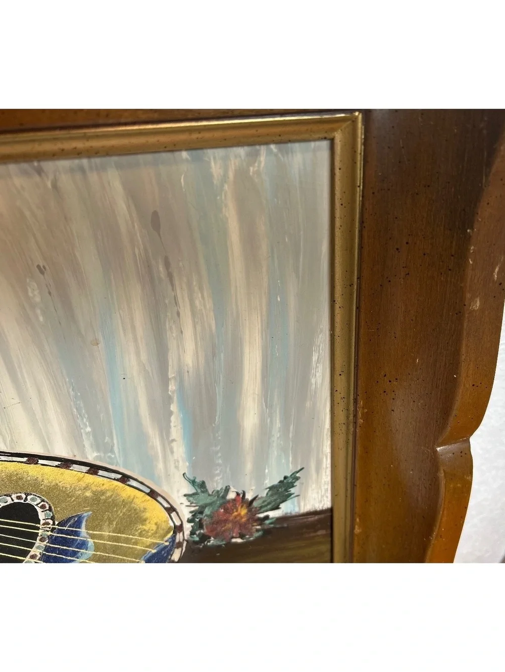 Vintage Still-Life Painting of Musical Instruments Artwork with Wooden Frame